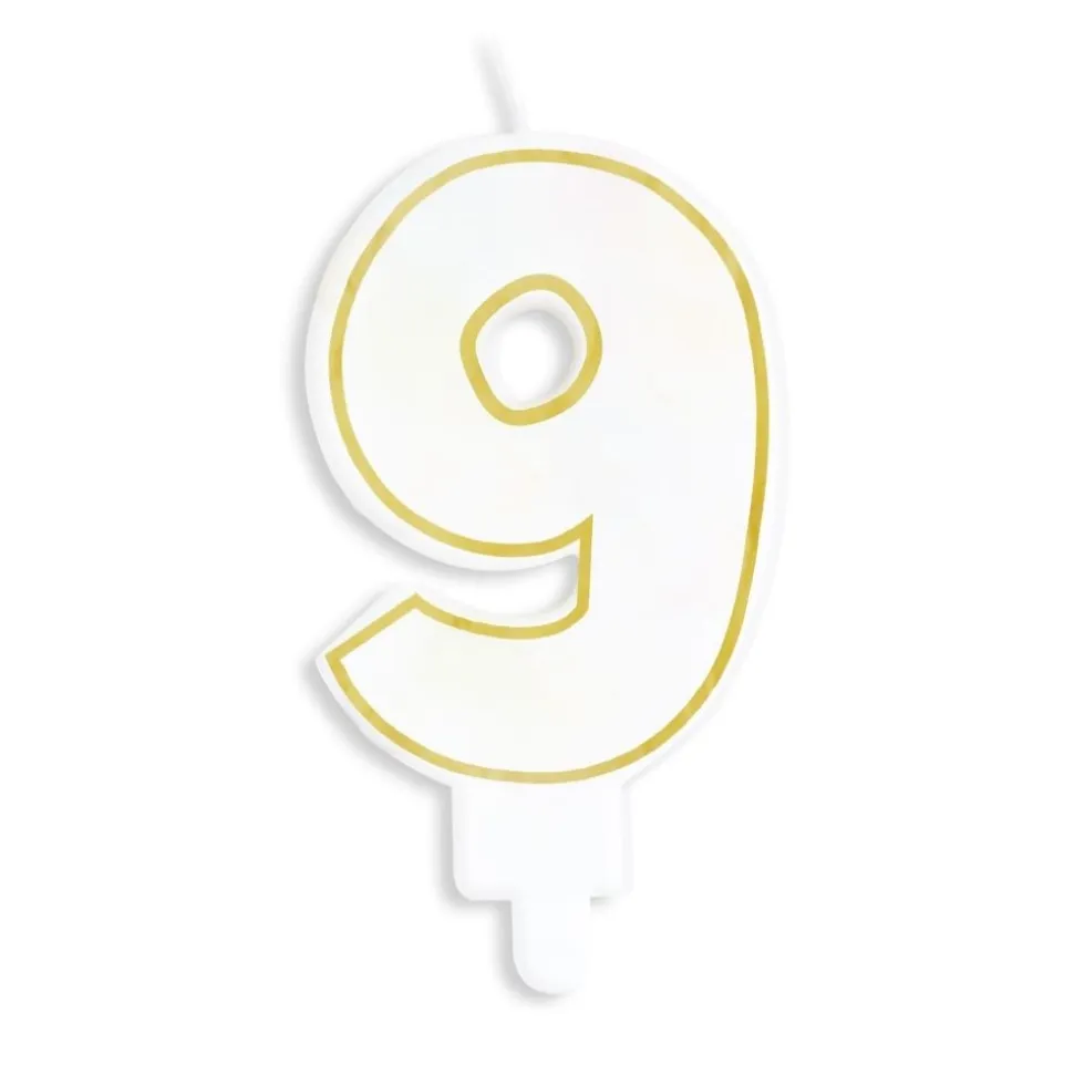 Bougie chiffre 9 blanche avec liseré doré