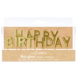 Bougies "Happy Birthday" dorées pour déco gâteaux d'anniversaire