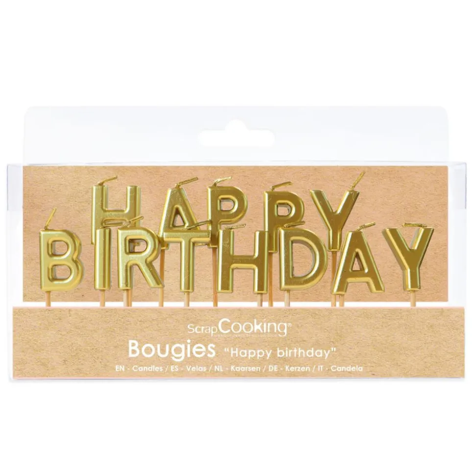 Bougies "Happy Birthday" dorées pour déco gâteaux d'anniversaire