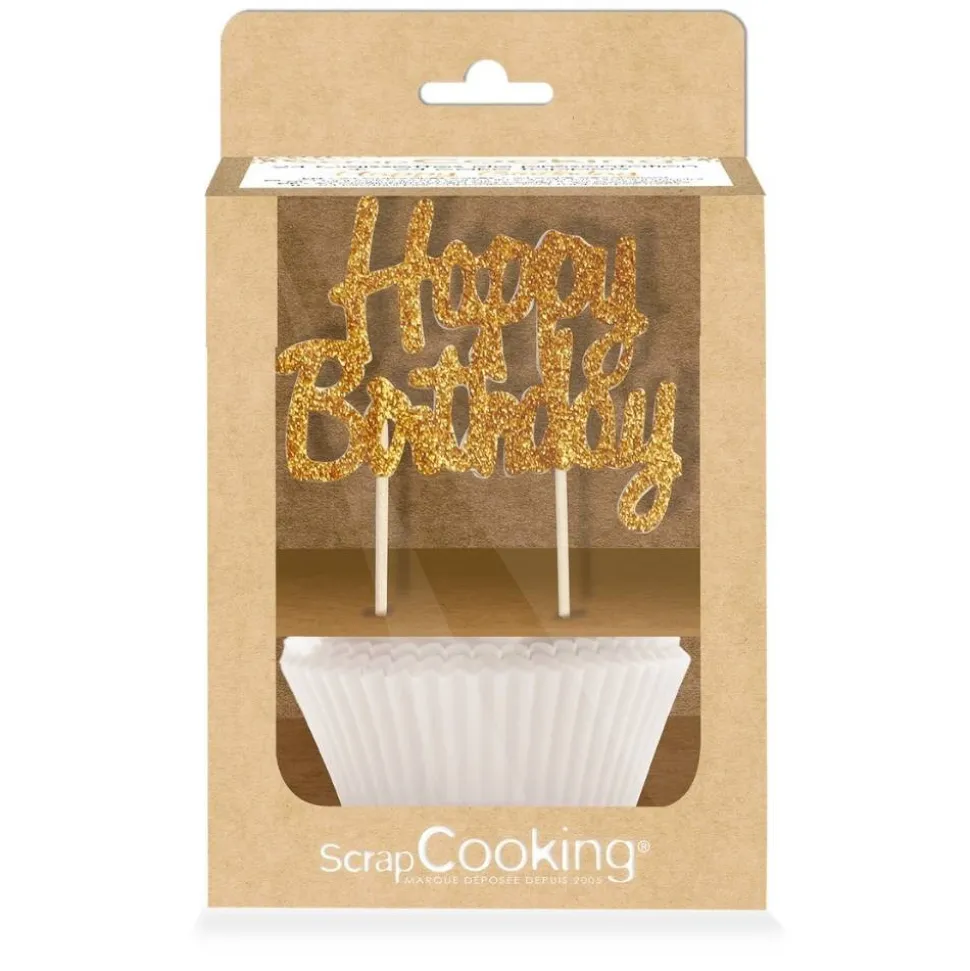 24 Caissettes & 12 cake toppers d'anniversaire Happy birthday