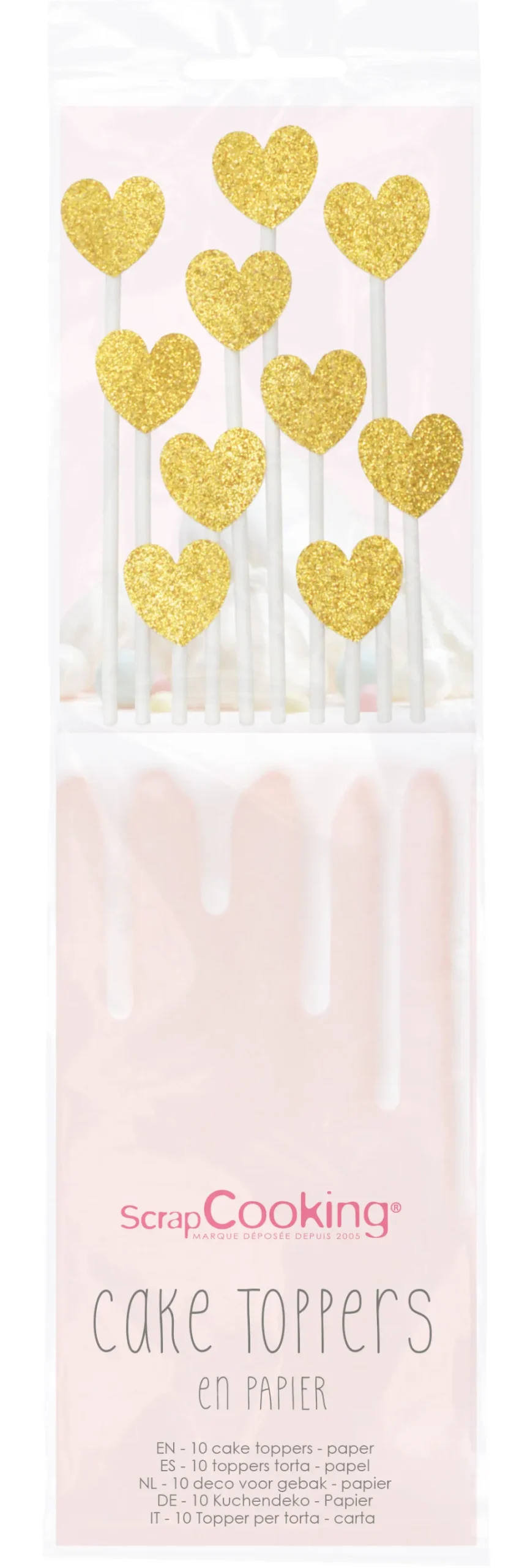 10 cake toppers cœurs dorés 20 cm