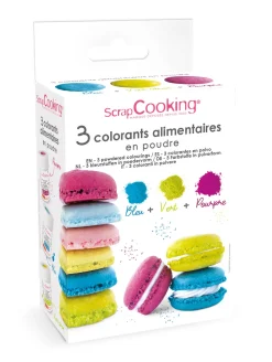 3 colorants en poudre bleu, vert, pourpre