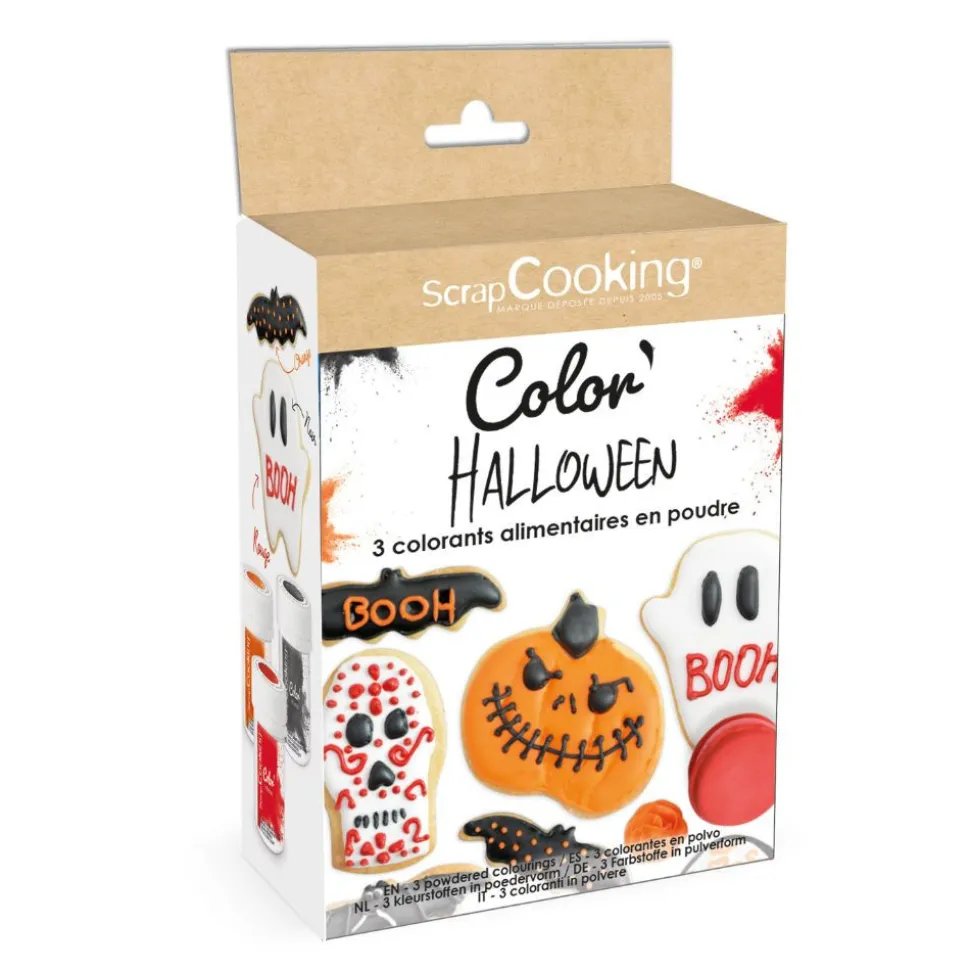 3 colorants en poudre Halloween noir, orange, rouge