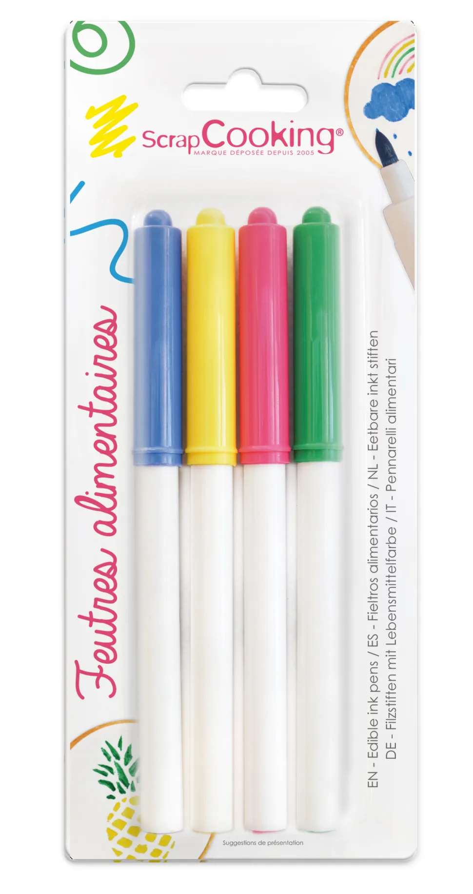 4 feutres alimentaires jaune, vert, rose, bleu