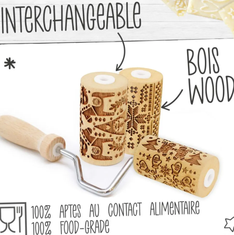 3 mini rouleaux pâtissiers à empreintes interchangeables Noël