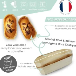 4 moules airfryer rectangulaires en bois avec 8 caissettes sulfurisées