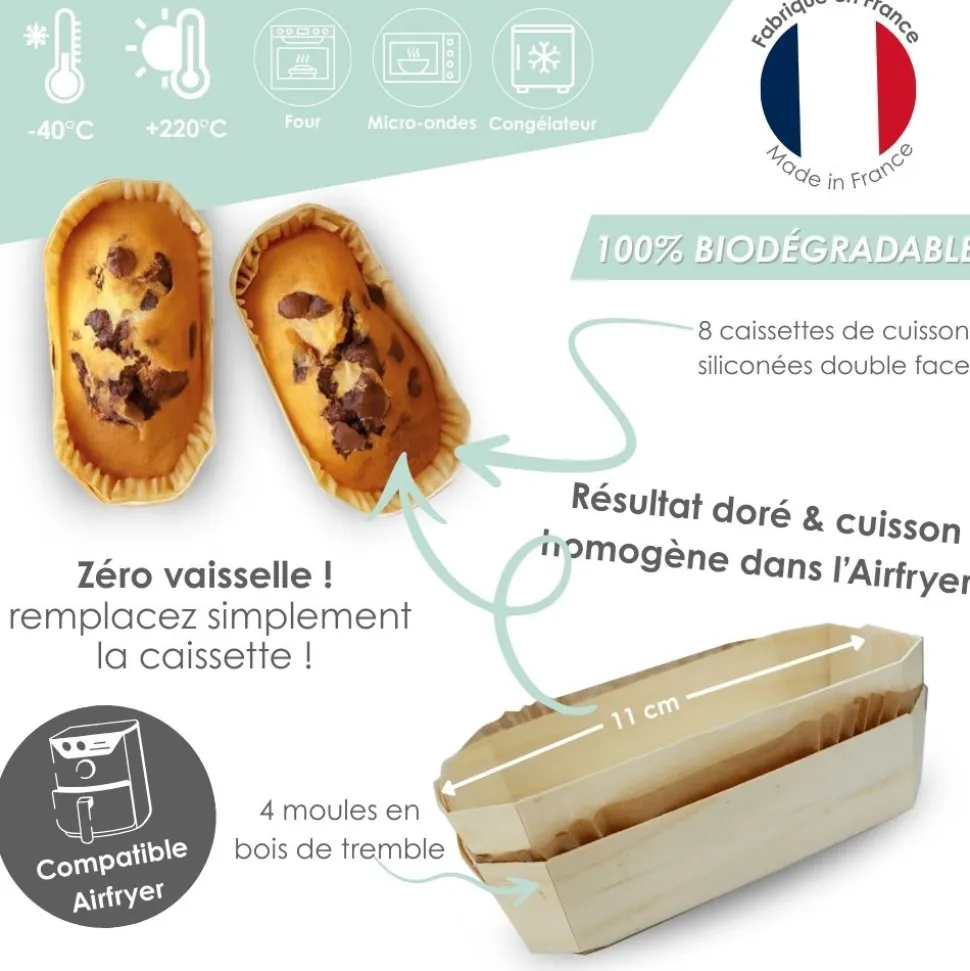 4 moules airfryer rectangulaires en bois avec 8 caissettes sulfurisées