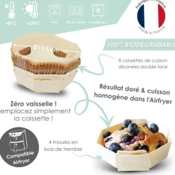 4 moules airfryer ronds en bois Ø 11,5 cm avec 8 caissettes sulfurisées