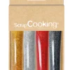 4 stylos alimentaires pailletés noir, rouge, argenté et doré