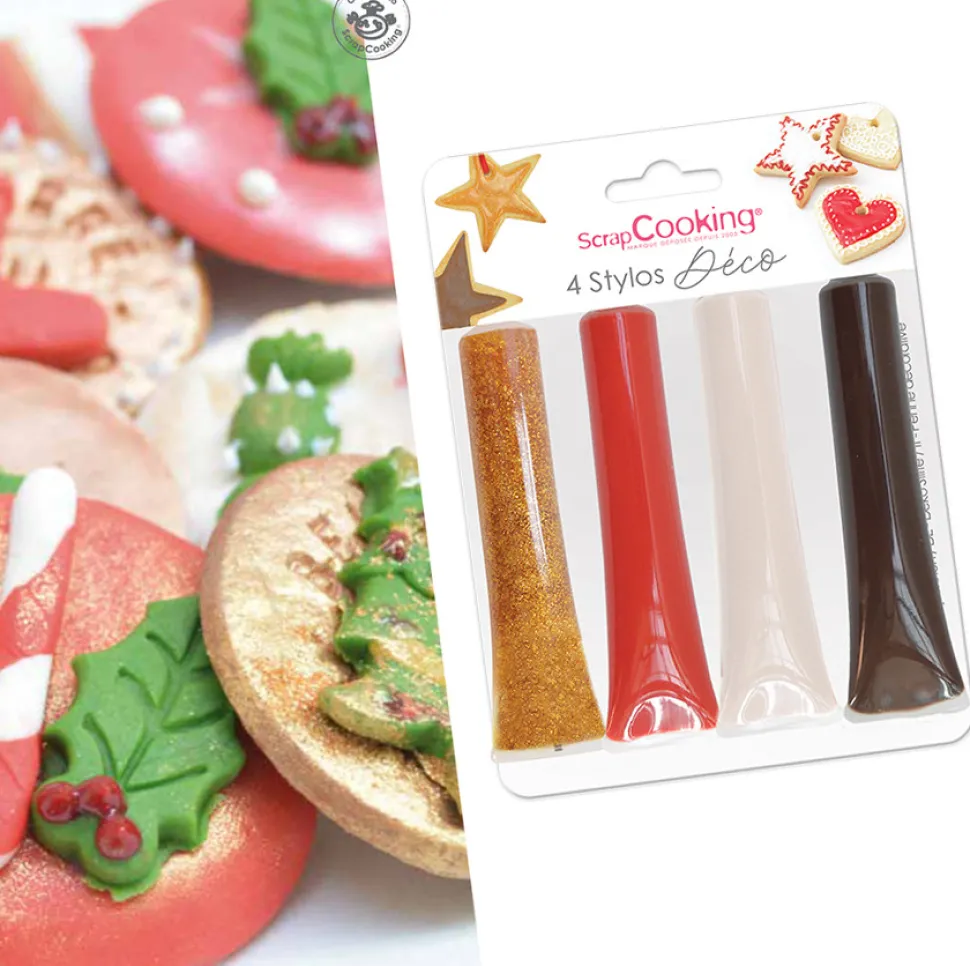 4 stylos déco blanc, rouge, marron & doré